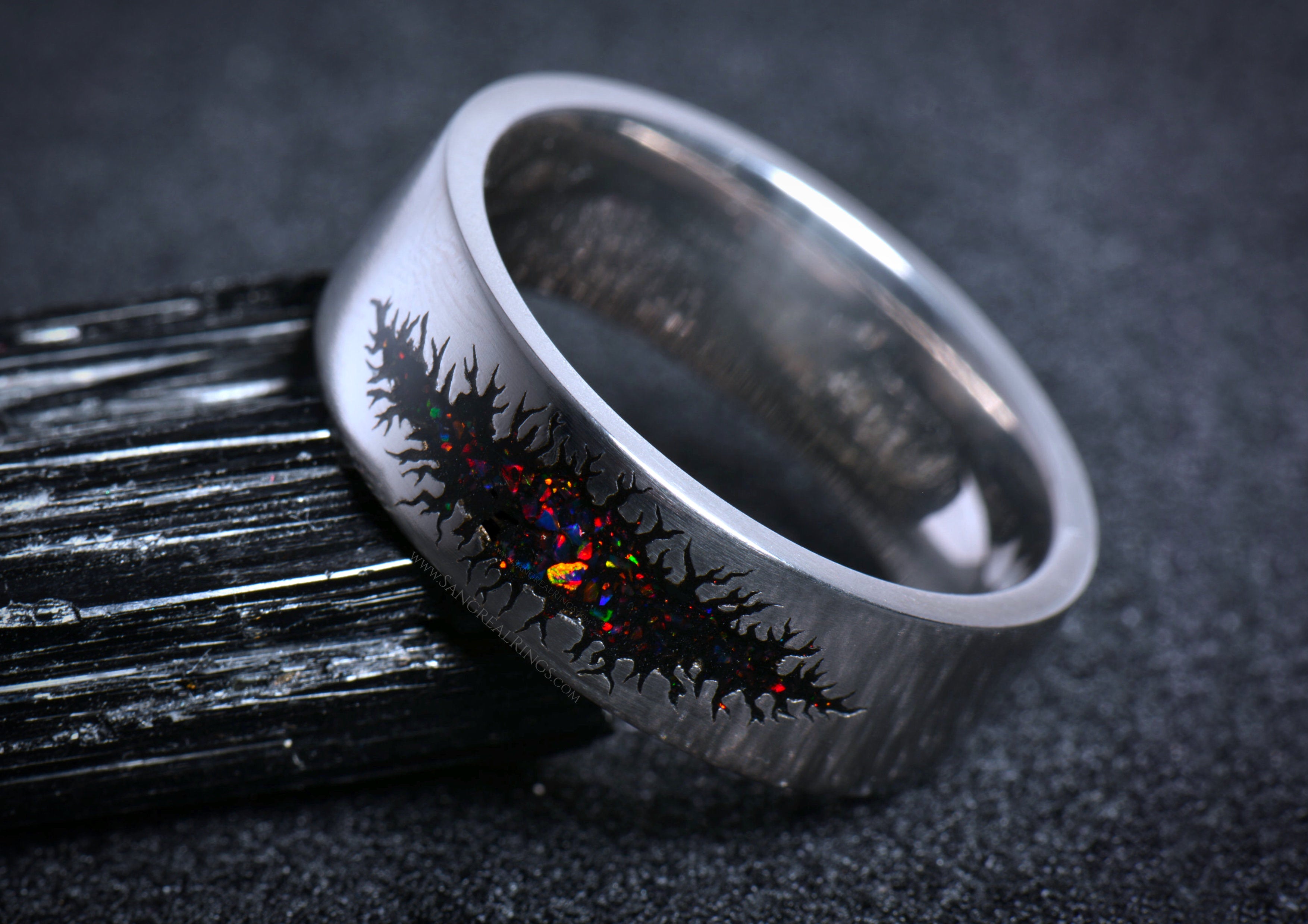 Sangreal Rings unique alternative mens galaxy ring band with black and red cosmic design on silver band