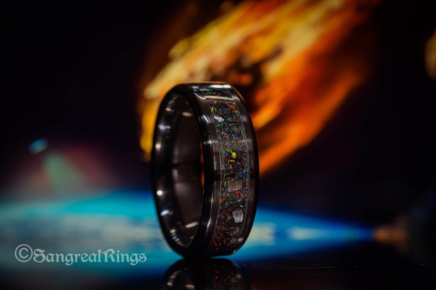Sangrealrings opal and meteorite ring black tungsten band with iridescent opal inlay and space themed design