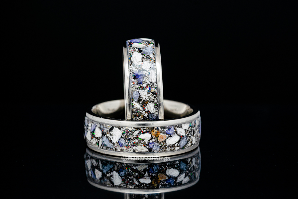Memorial ring with ashes by Sangrealrings featuring unique inlaid ashes and colorful details on silver band