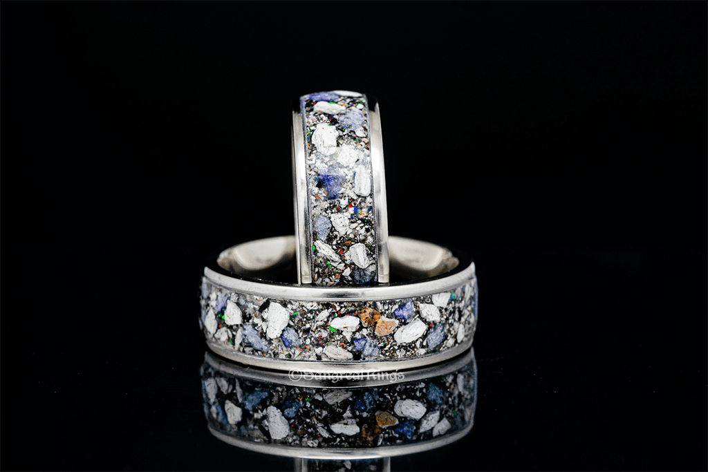 Sangrealrings silver band memorial ring with ashes iridescent white and multicolor stone inlay