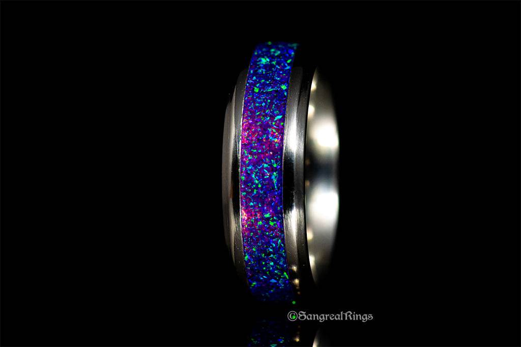 Sangrealrings purple opal titanium ring with vibrant blue and purple opal inlay on polished metal band