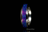 Sangrealrings purple opal titanium ring with vibrant blue and purple opal inlay on polished metal band