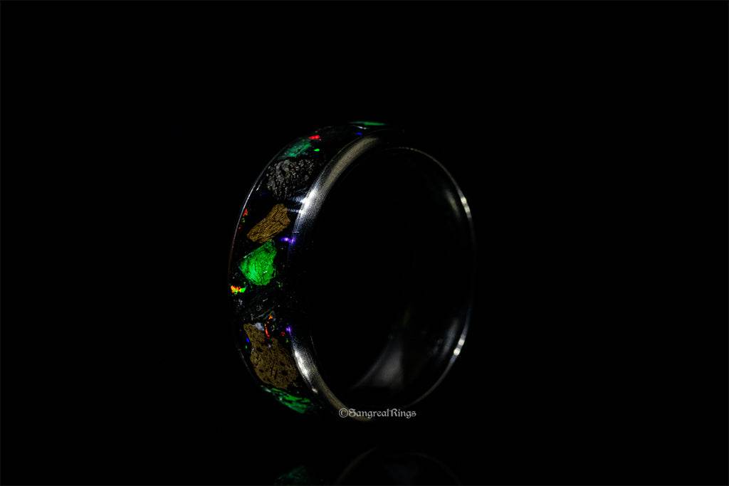 Sangrealrings titanium jurassic ring with colorful fossil inlays on polished band