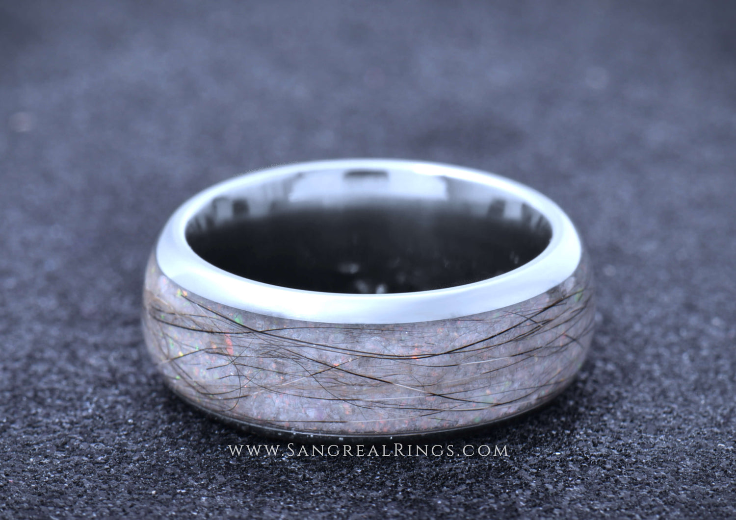 PET FUR RING on its side, CUSTOM MEMORIAL KEEPSAKE TITANIUM BAND WITH A WHITE OPAL INLAY, MADE BY WWW.SANGREALRINGS.COM