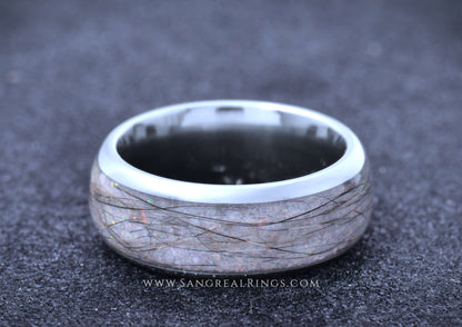 PET FUR RING on its side, CUSTOM MEMORIAL KEEPSAKE TITANIUM BAND WITH A WHITE OPAL INLAY, MADE BY WWW.SANGREALRINGS.COM