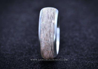 Face on PET FUR RING, CUSTOM MEMORIAL KEEPSAKE TITANIUM BAND WITH A WHITE OPAL INLAY, MADE BY WWW.SANGREALRINGS.COM