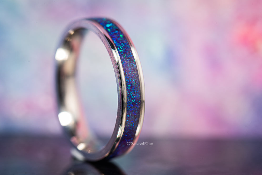 slim purple opal ring in titanium by sangrealrings