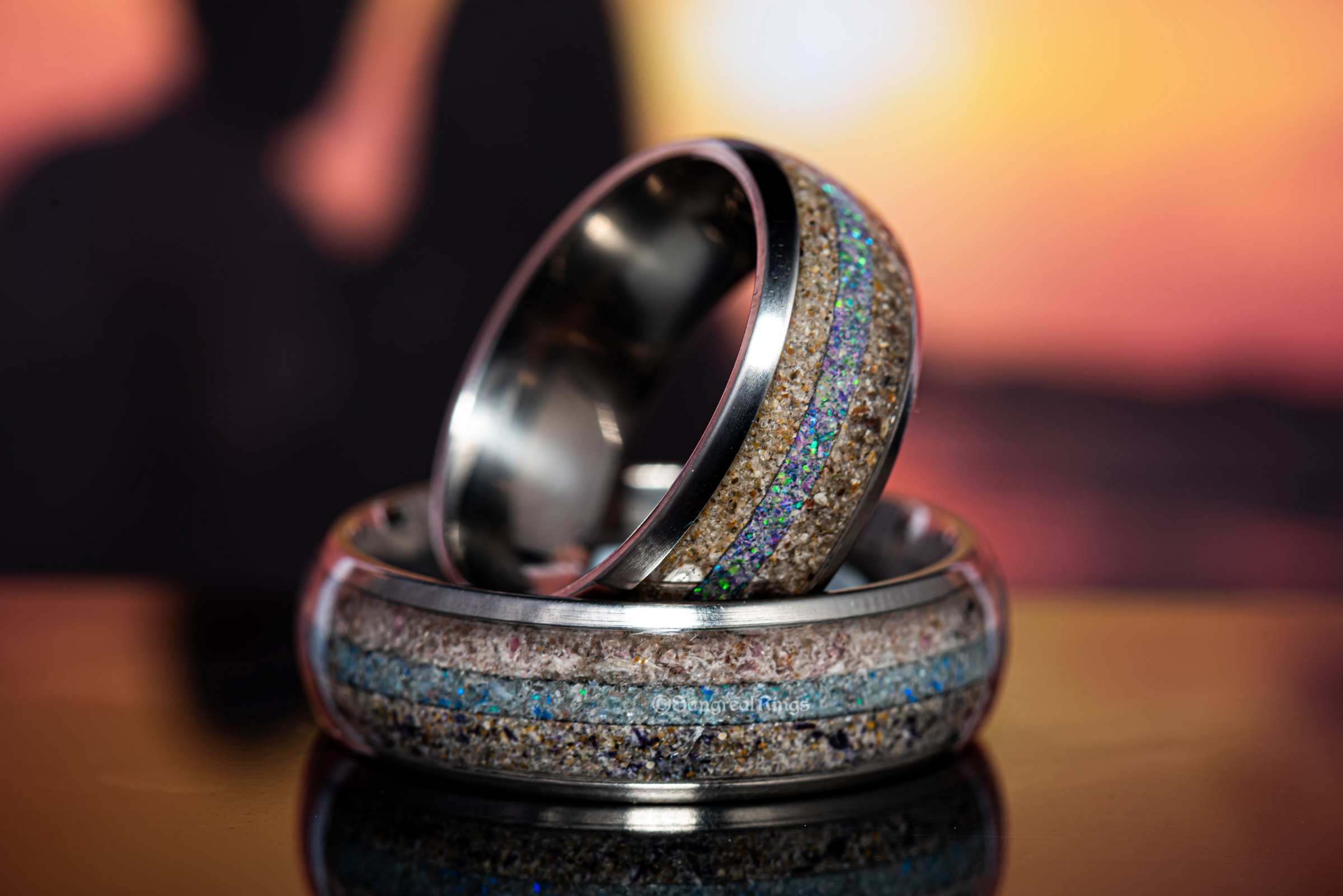 split inlay sand ring with blue opal middle inlay by sangrealrings