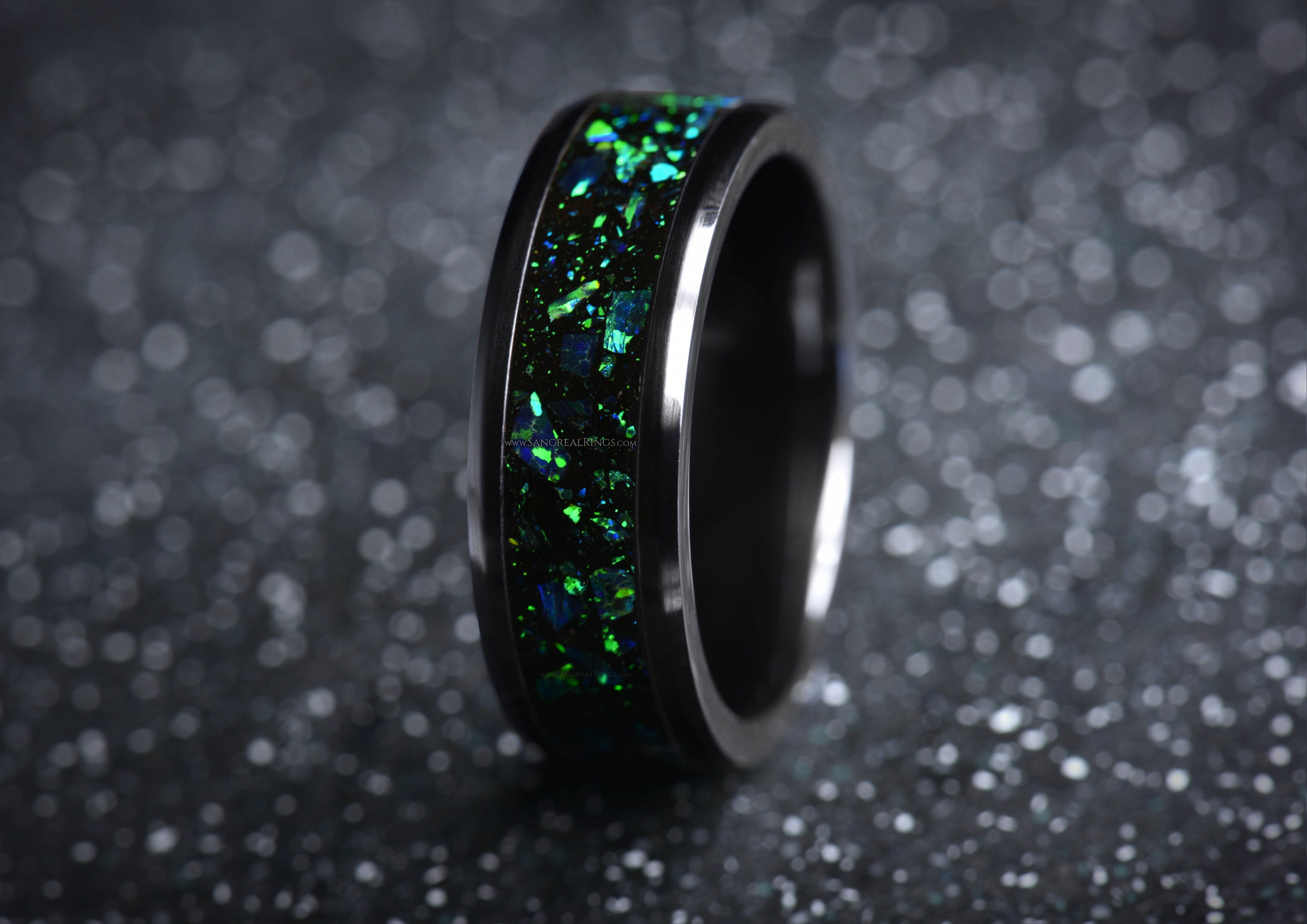 SangrealRings Black Onyx and Green Opal Inlay Ring in a Black Ceramic Ring Core, 8mm wide ring band