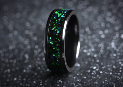 SangrealRings Black Onyx and Green Opal Inlay Ring in a Black Ceramic Ring Core, 8mm wide ring band