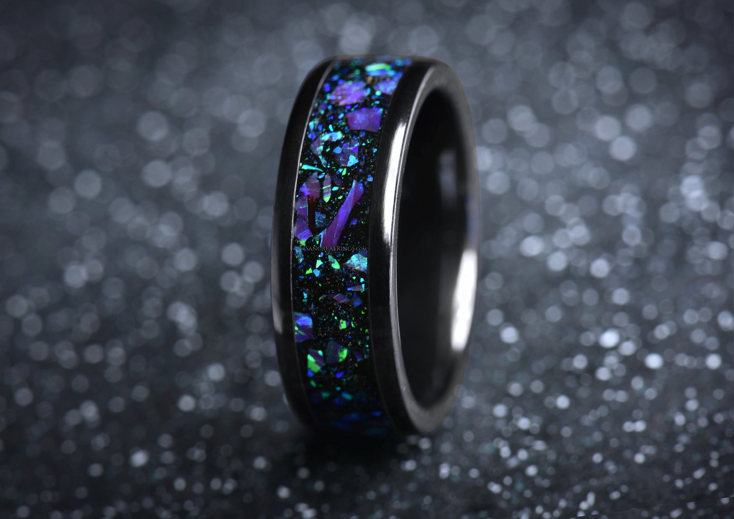 SangrealRings Black Onyx and Purple Opal Inlay Ring in a Black Ceramic Ring Core, 8mm wide ring band