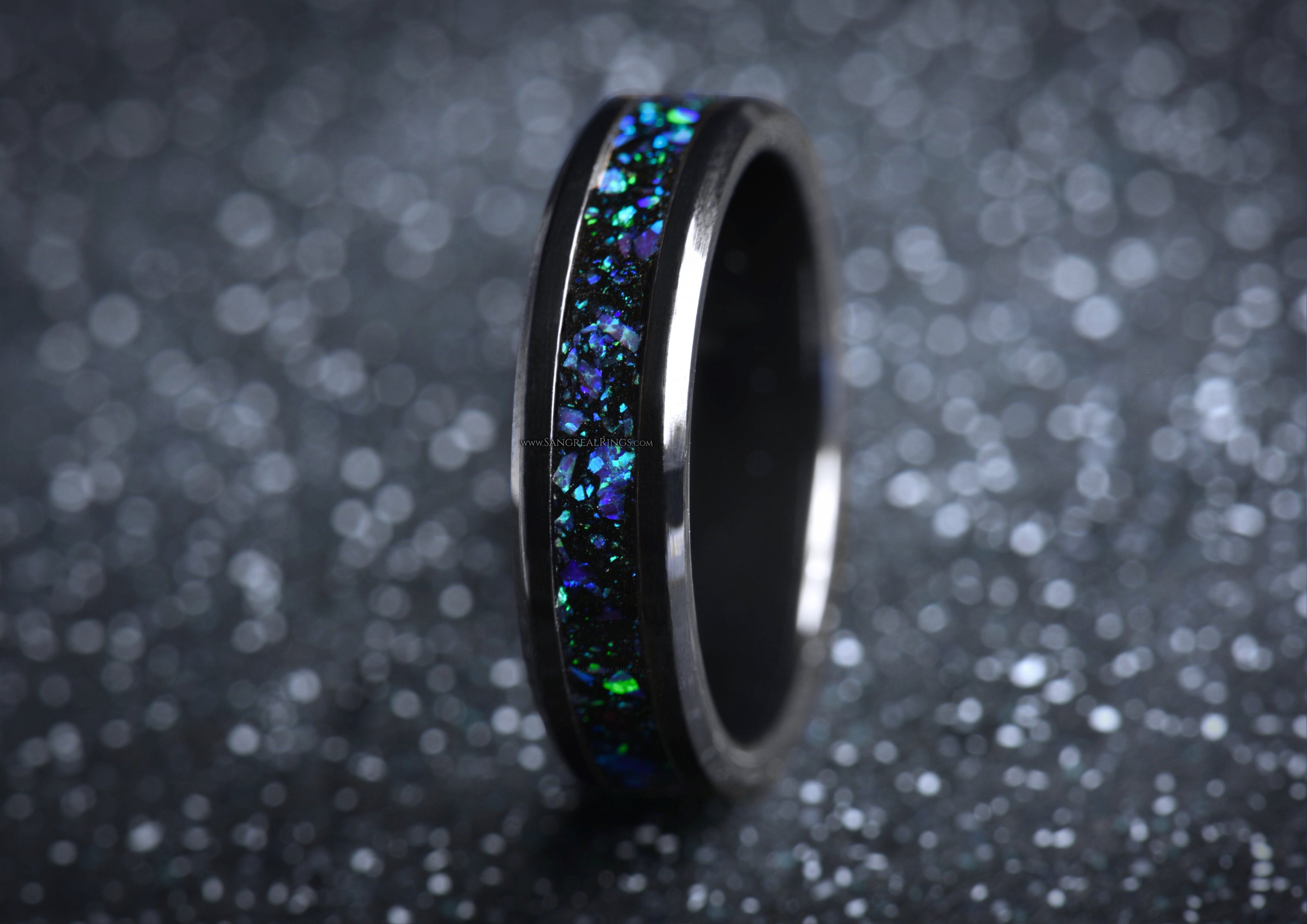 SangrealRings Black Onyx and Purple Opal Inlay Ring in a Black Ceramic Ring Core, 6mm wide ring band