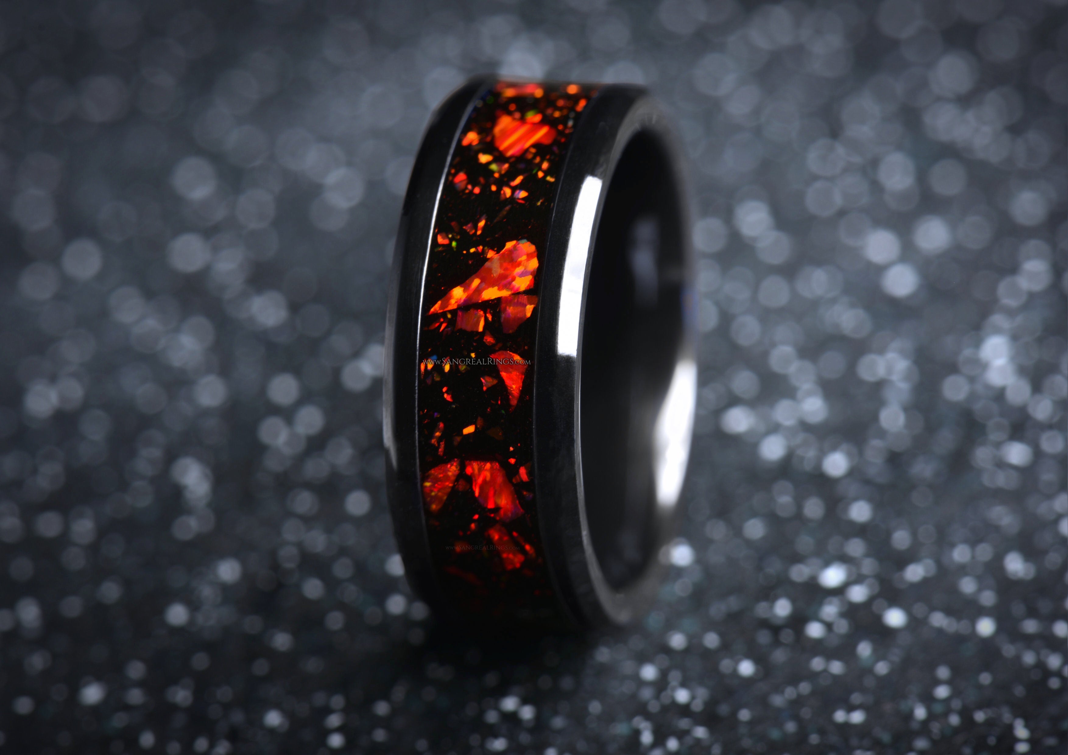 SangrealRings Black Onyx and Red Opal Inlay Ring in a Black Ceramic Ring Core, 8mm wide ring band