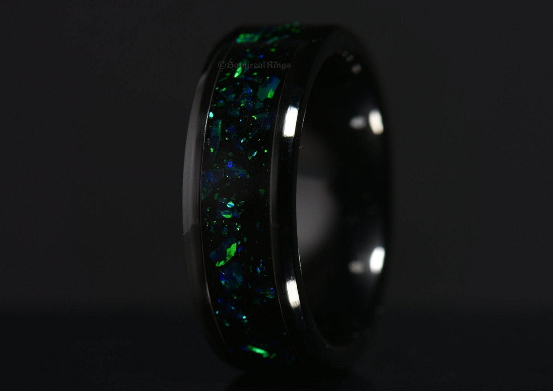 Sangreal Rings onyx and green opal ring with polished black onyx band and iridescent green blue opal inlay