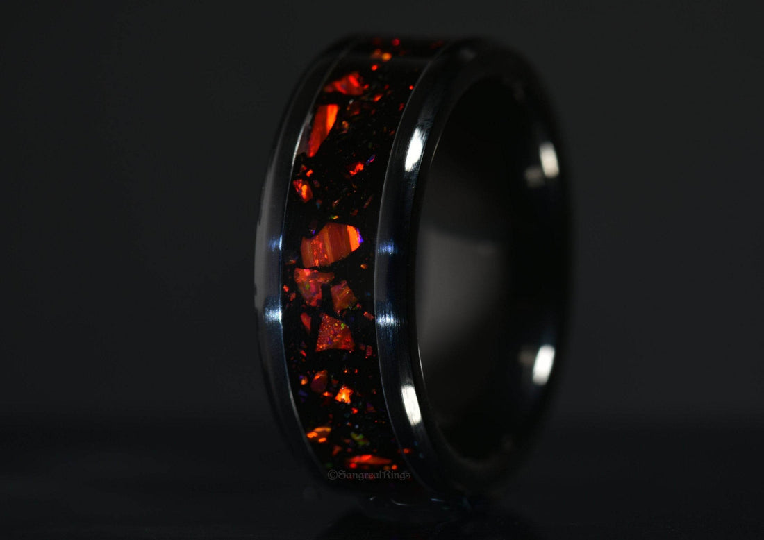 Sangreal Rings onyx and red opal ring with glossy black band and fiery red opal inlay