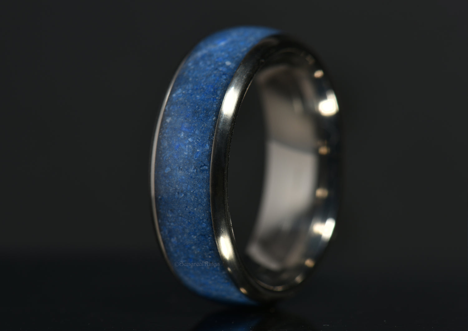 Azurite crystal titanium ring with vibrant blue stone set in polished metal band by Sangreal Rings