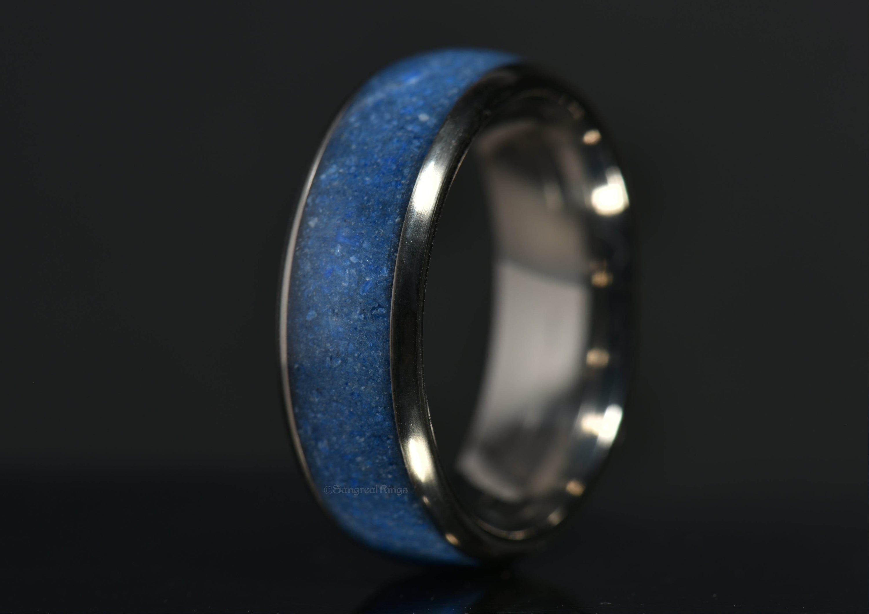 Azurite crystal titanium ring with vibrant blue stone set in polished metal band by Sangreal Rings
