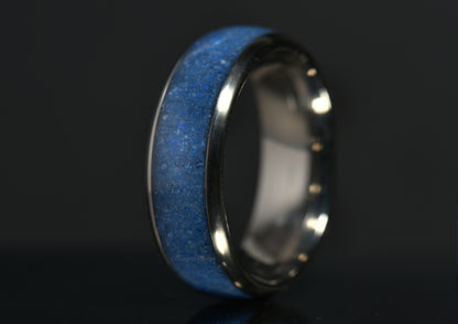 Azurite crystal titanium ring with vibrant blue stone set in polished metal band by Sangreal Rings