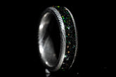 Custom Damascus steel sand inlay wedding band with textured metal and colorful sand detailing