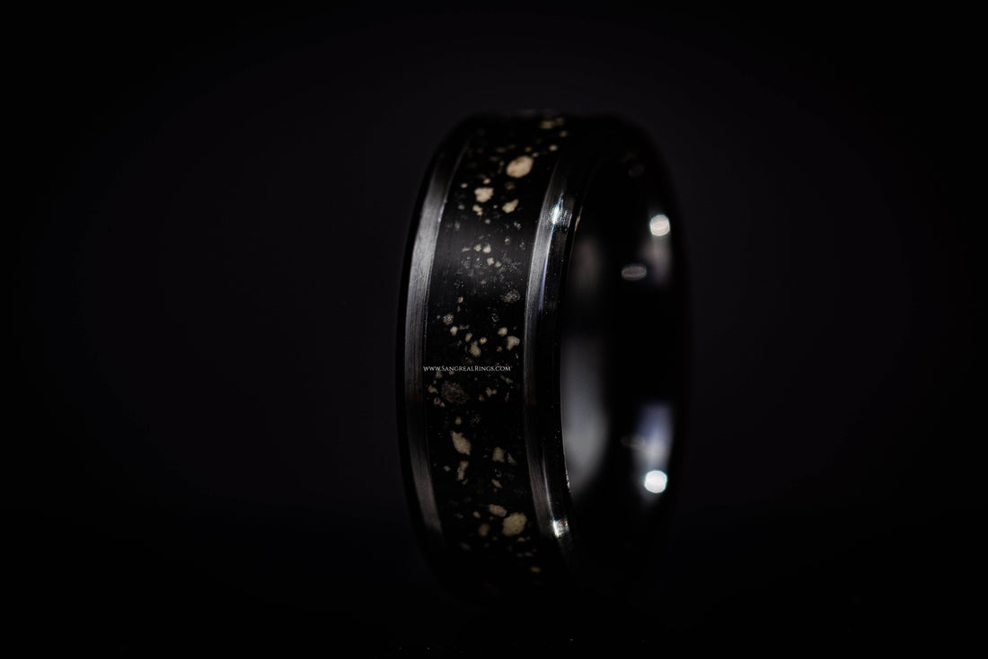 Custom glow in the dark ring by Sangreal Rings with black and speckled design
