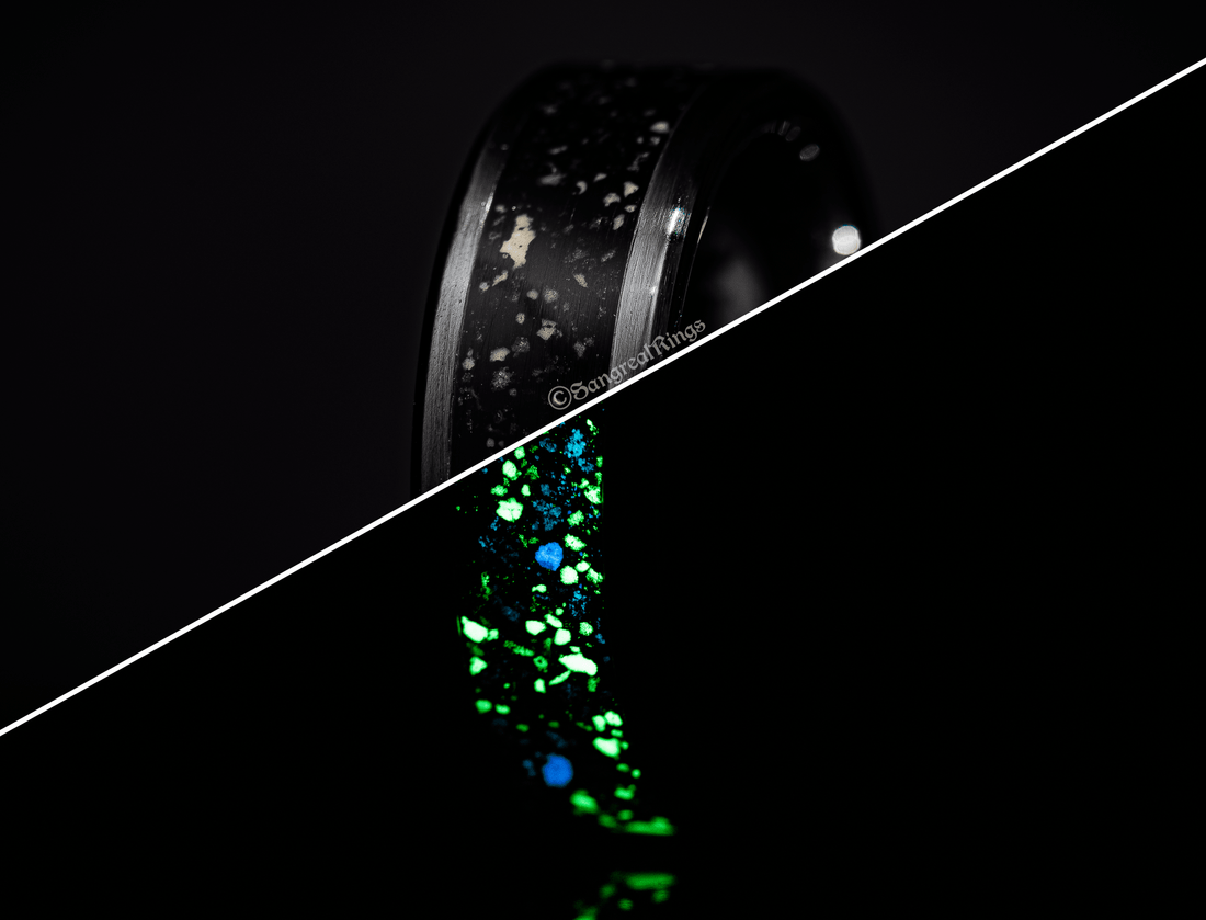 Sangreal Rings custom glow in the dark ring with speckled pattern shown glowing in dark and regular light