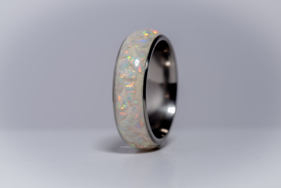 The White Fire Glow Opal Titanium Ring