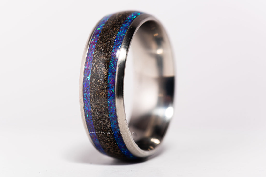 Opal And Megalodon Tooth Titanium Ring