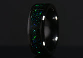 Sleek onyx and green opal ring by Sangreal Rings with vibrant green and blue opal inlay