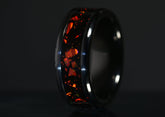Sangreal Rings onyx and red opal ring with black band and vibrant red opal inlay design