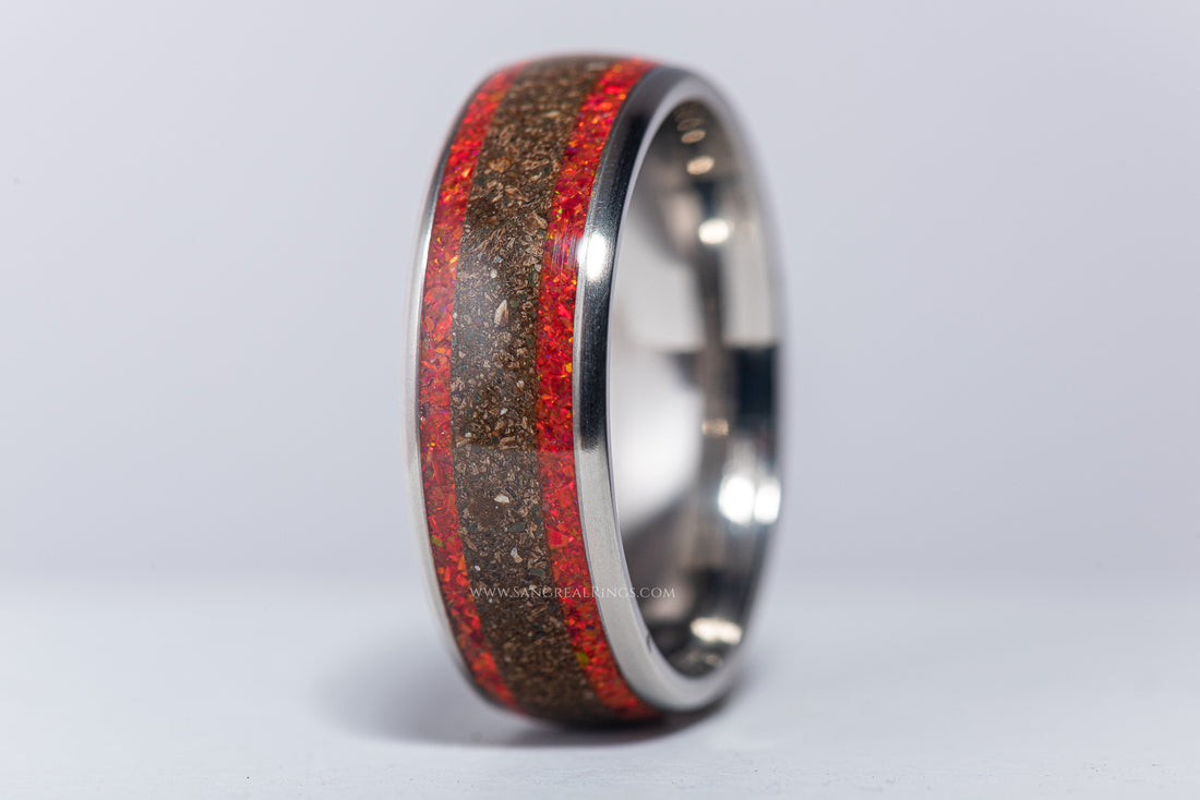 Sleek silver opal and dinosaur bone ring with red and brown inlay by Sangrealrings