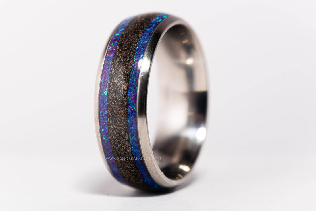 Sleek opal and megalodon tooth ring with blue opal inlay and fossilized megalodon tooth strip