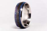 Sleek opal and megalodon tooth ring with blue opal inlay and fossilized megalodon tooth strip