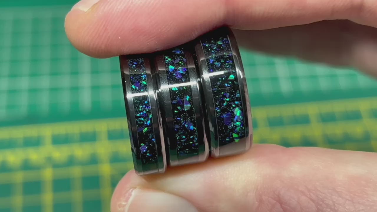 SangrealRings Black Onyx and Purple Opal Inlay Rings in a Black Ceramic Ring Core, different widths shown next to each other in a video