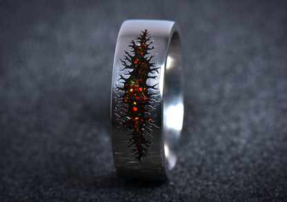Unique alternative mens galaxy ring band with fiery orange and red inlay COSMIC SCAR design in Titanium