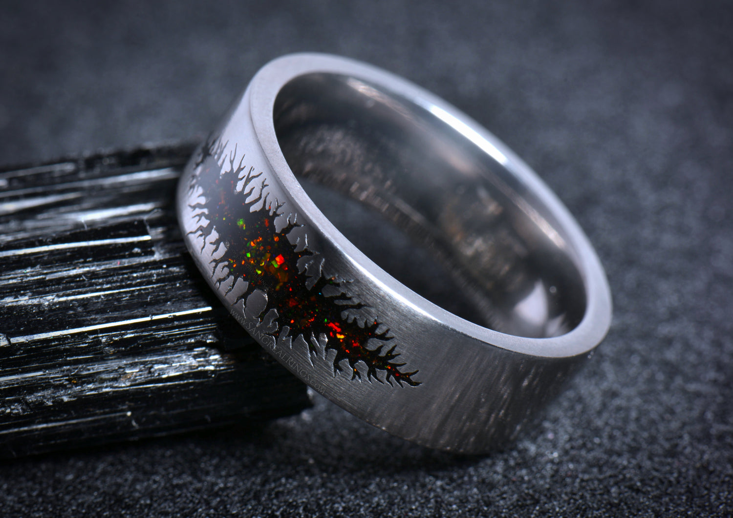 Unique alternative mens galaxy ring band with black and red galaxy COSMIC SCAR design by Sangreal Rings