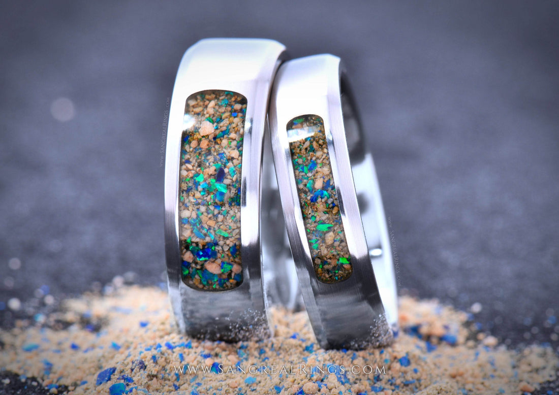 Custom titanium wedding band featuring a unique colorful sand inlay for a modern touch