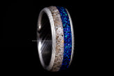 Sangreal Rings Damascus steel sand ring featuring blue and sand inlay with textured edges