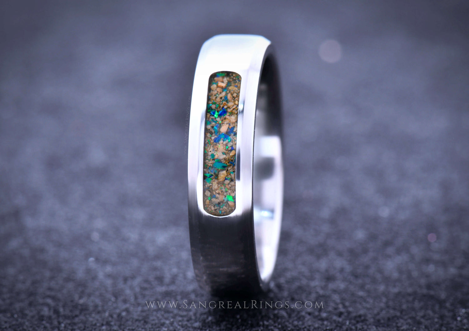 Sangreal Rings silver band with blue green opal and gold sand crushed stone inlay modern wedding ring