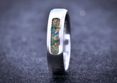 Sangreal Rings silver band with blue green opal and gold sand crushed stone inlay modern wedding ring