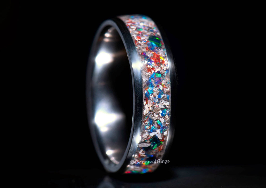 Sangrealrings memorial ring with ashes silver titanium band with colorful crushed opal style inlay keepsake