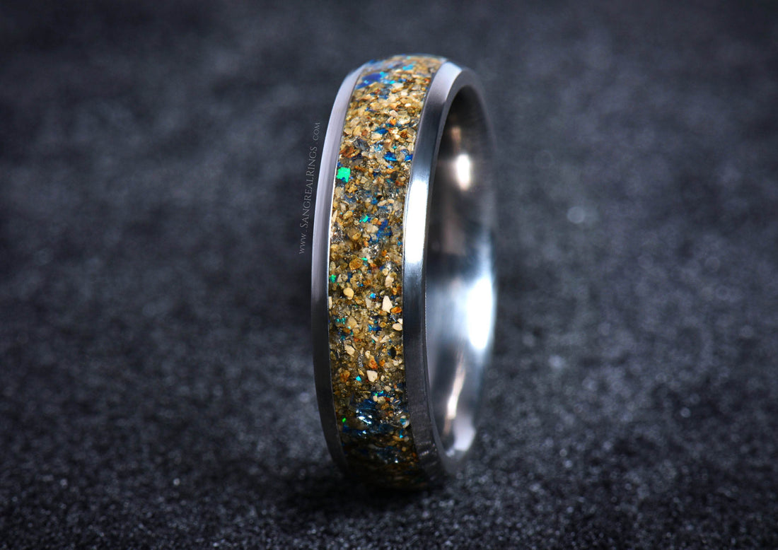 Sangreal Rings titanium sand ring featuring sparkling sand inlay on polished metal band
