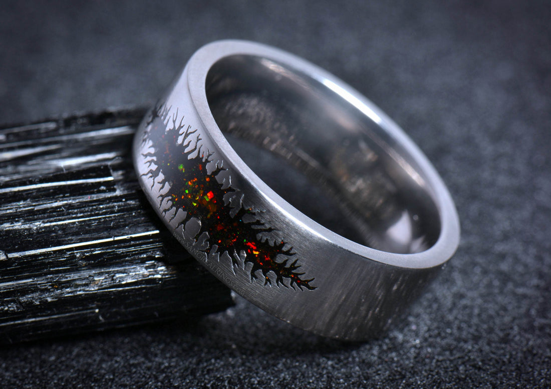 Sangreal Rings unique alternative mens galaxy ring band brushed metal with fiery opal inlay and black fractal design