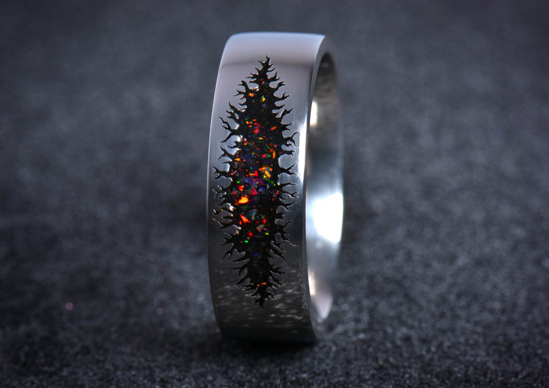 Sangreal Rings unique alternative mens galaxy ring band in titanium with black fissure and multicolor opal inlay