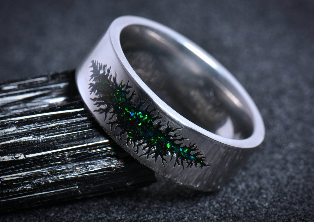 Sangreal Rings unique alternative mens galaxy ring band silver titanium with green opal inlay and black dendritic design