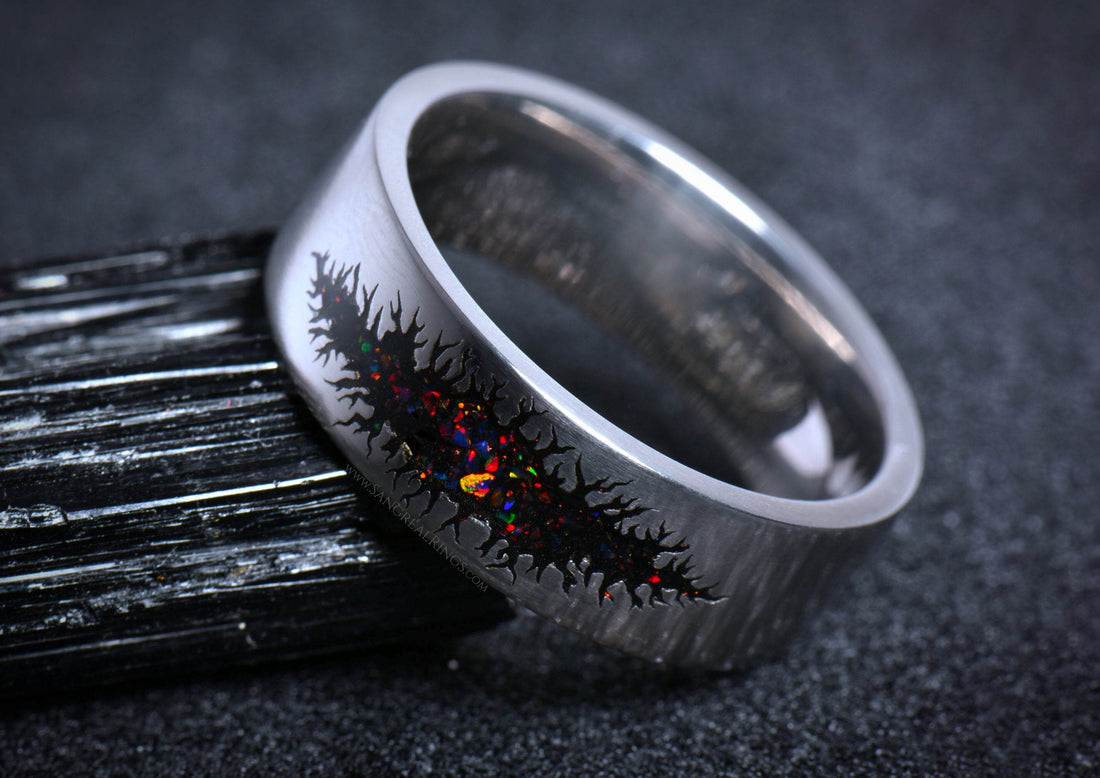 Sangreal Rings silver titanium band with black jagged inlay and iridescent opal flecks unique alternative mens galaxy ring band