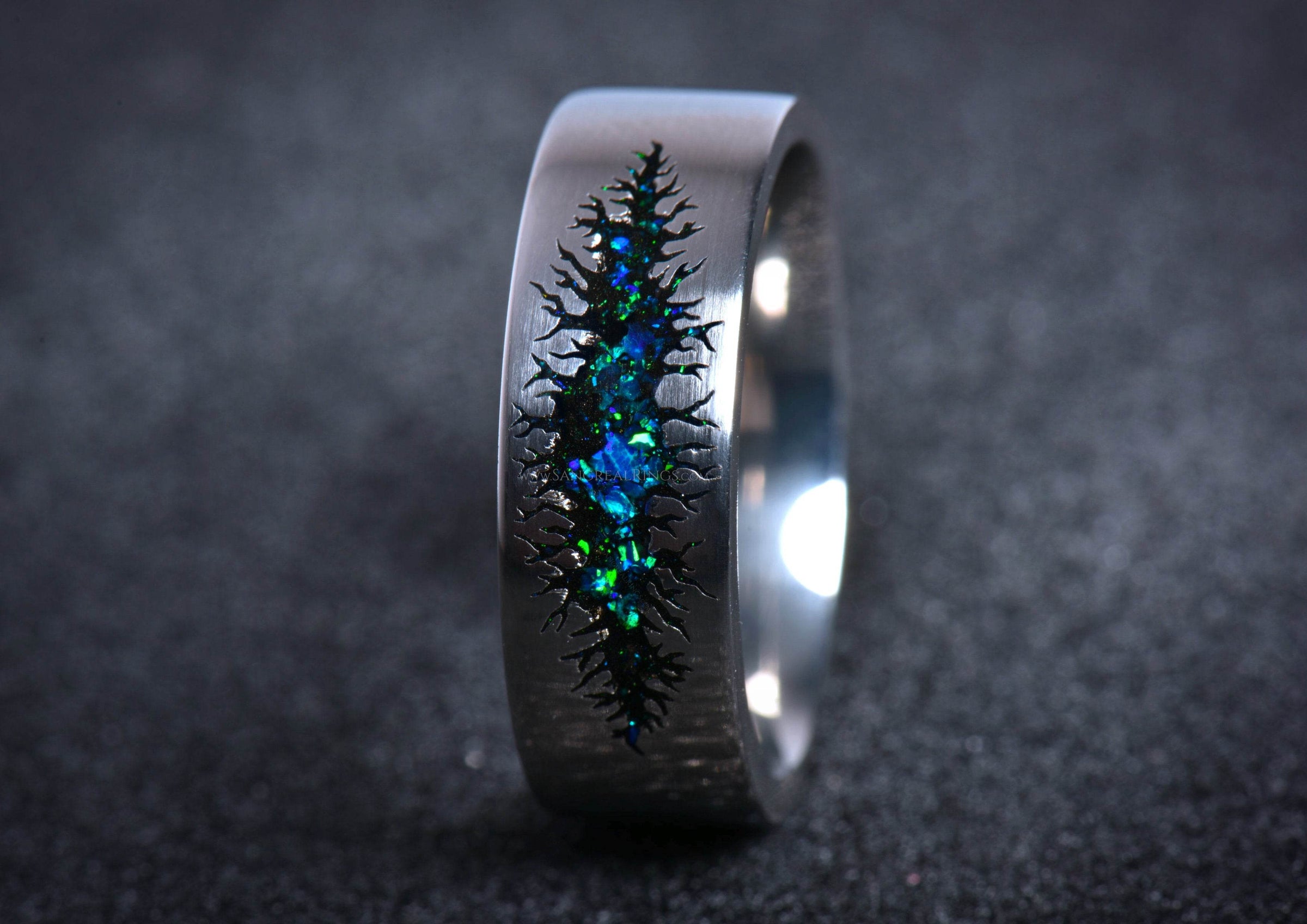 Sangreal Rings unique alternative men's galaxy ring band with blue green opal fissure and matte titanium finish