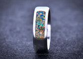 mens titanium wedding ring with custom sand stone and opal inlay 8mm wide