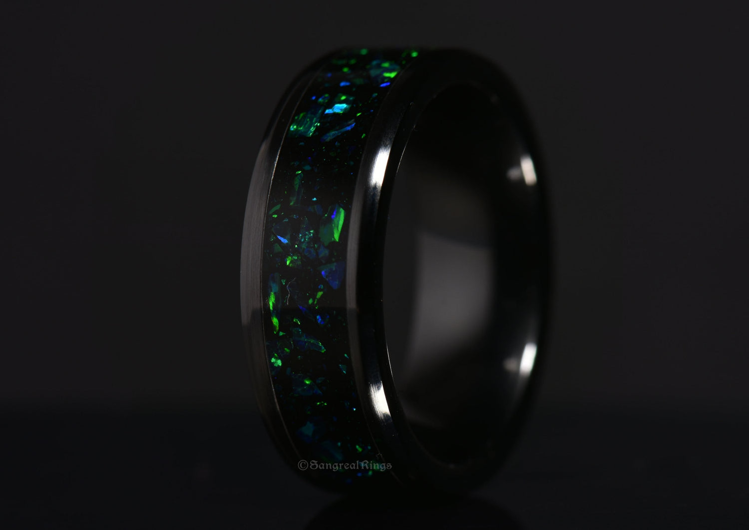 green opal and black onyx black ceramic ring made by sangrealrings