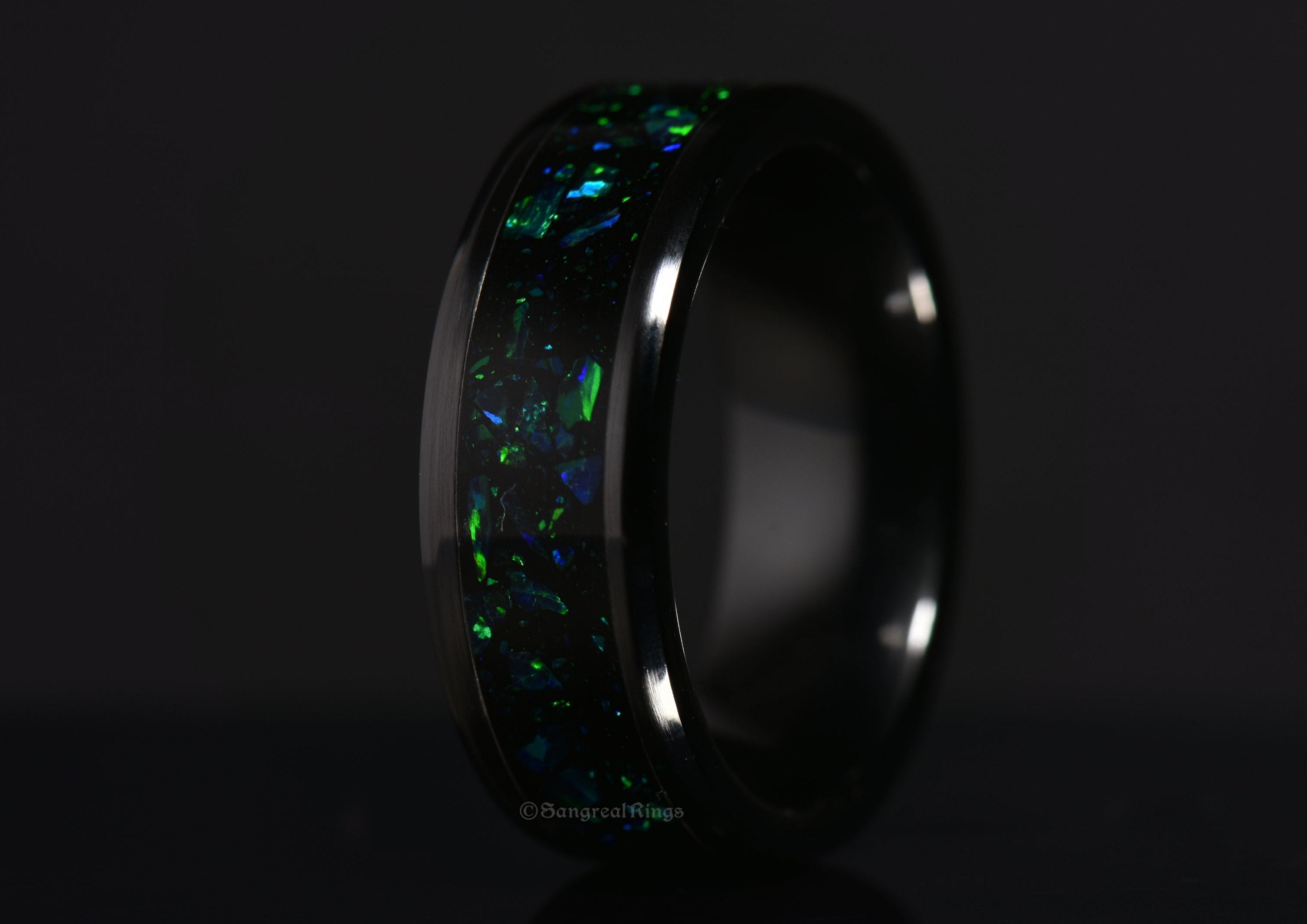 green opal and black onyx black ceramic ring made by sangrealrings