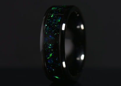 green opal and black onyx black ceramic ring made by sangrealrings